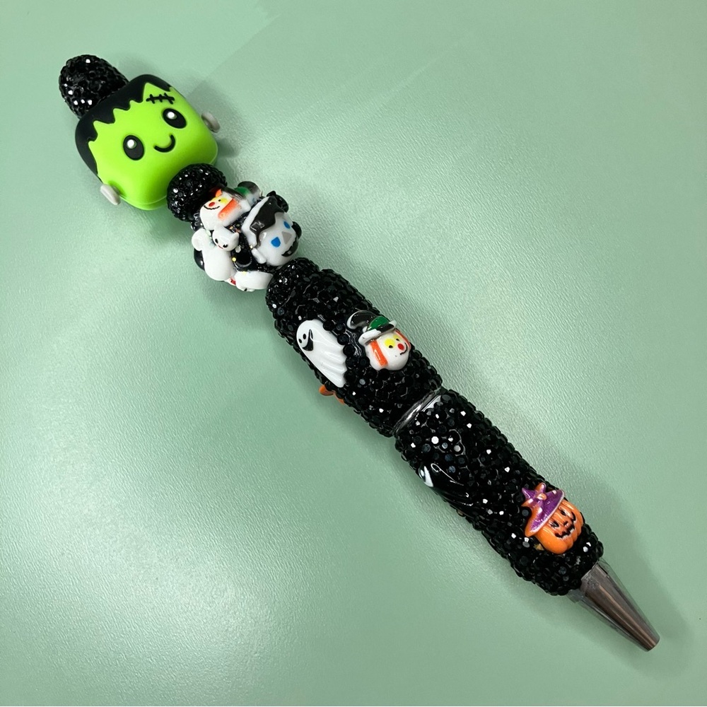 Halloween Kawaii Chibi Frankenstein Black Rhinestone Handmade Beaded Pen - Picture 6 of 7